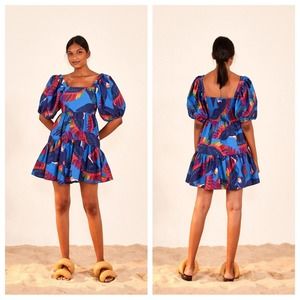 farm rio - LIKE NEW rainbow macaws mini dress puff sleeves square neck printed